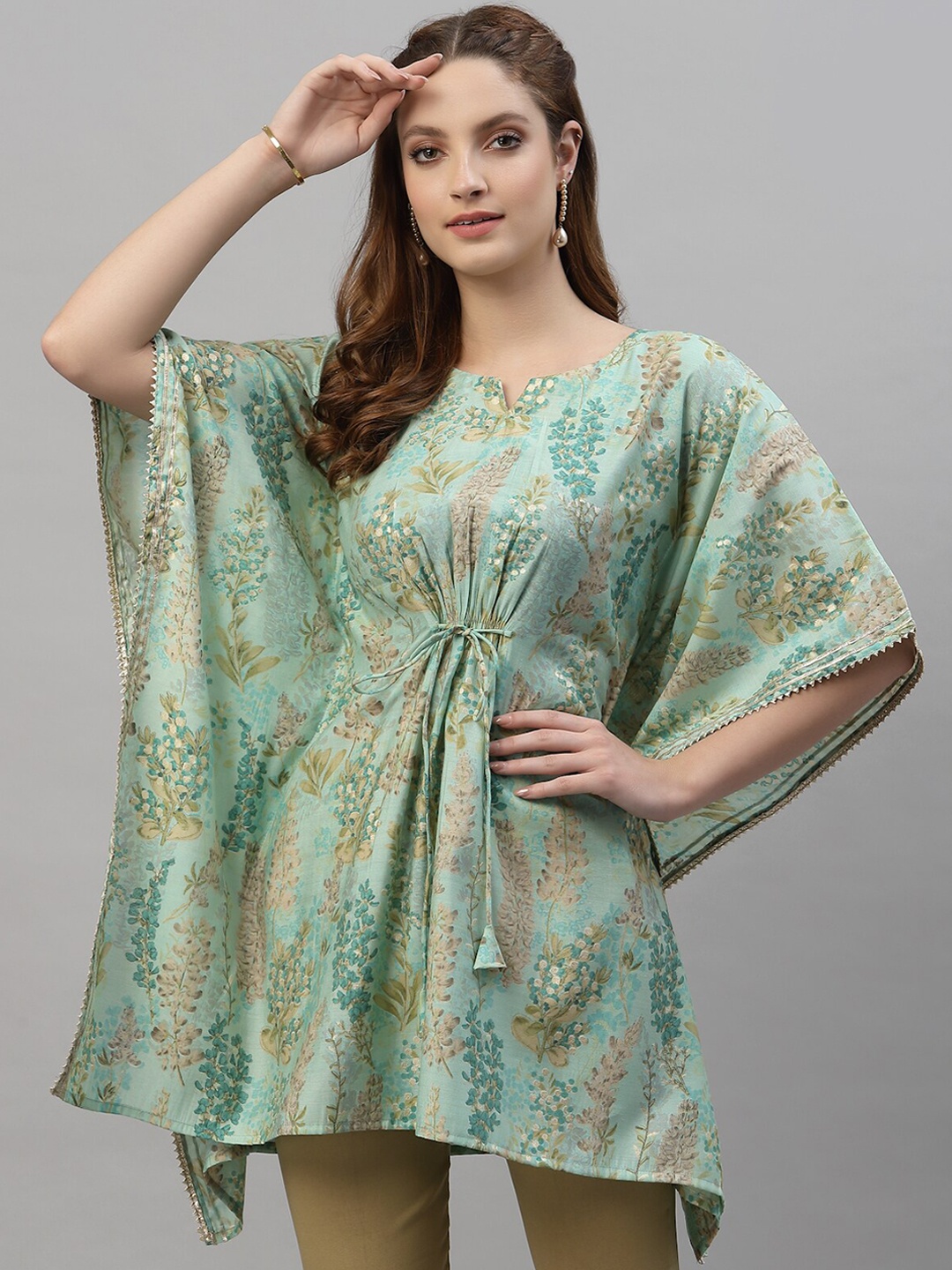 

TANKHI Women Green Ethnic Motifs Printed Extended Sleeves Block Print Kaftan Kurta