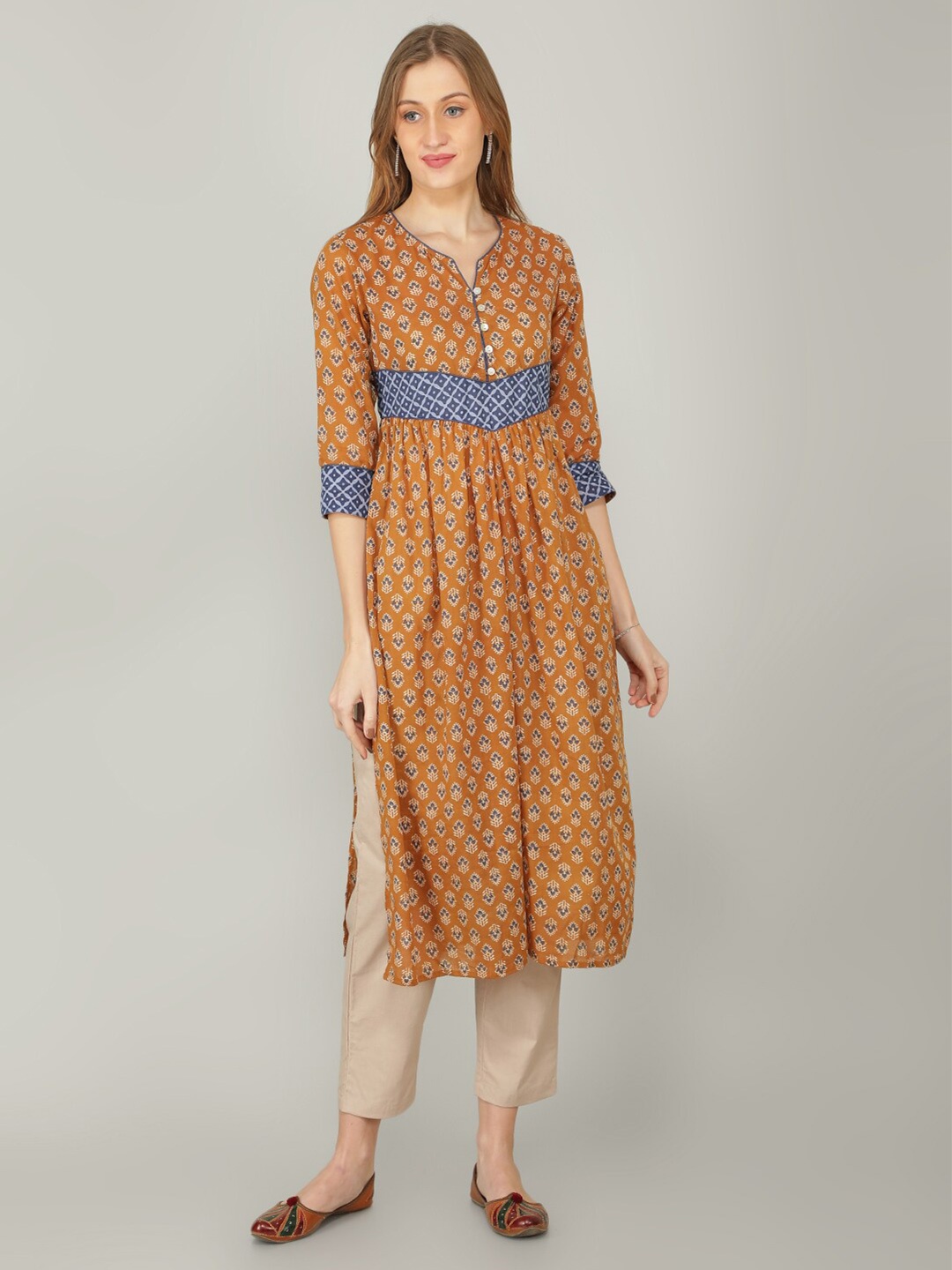 

NAVIYATA Brown Floral A-Line Midi Dress