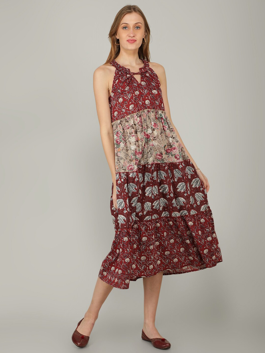 

NAVIYATA Maroon Floral Tie-Up Neck A-Line Midi Dress