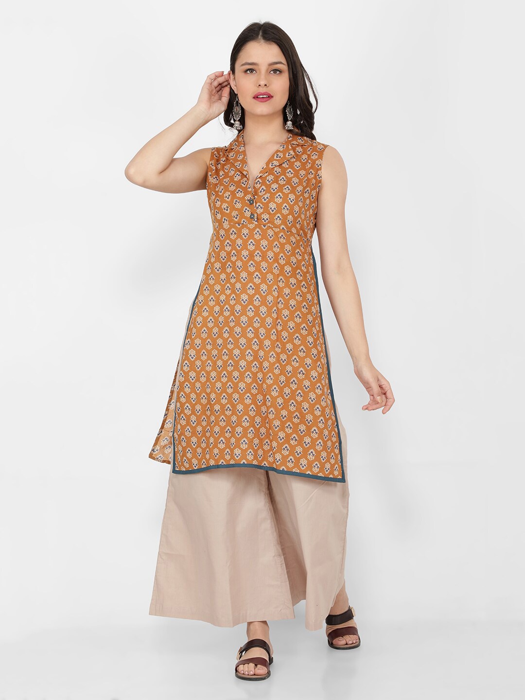 

NAVIYATA Brown & Cream-Coloured A-Line Midi Dress