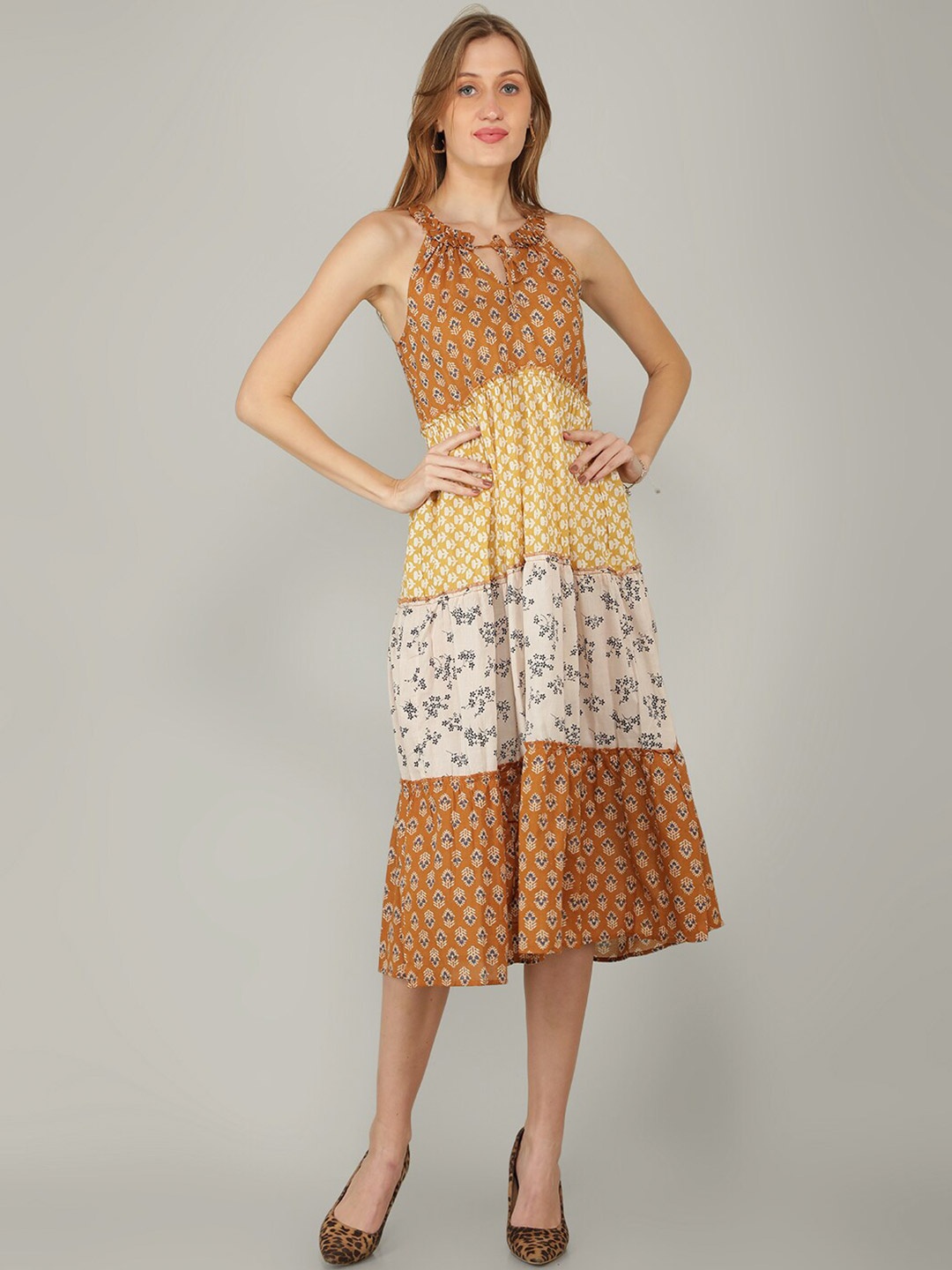 

NAVIYATA Yellow & Beige Floral Layered Midi Dress