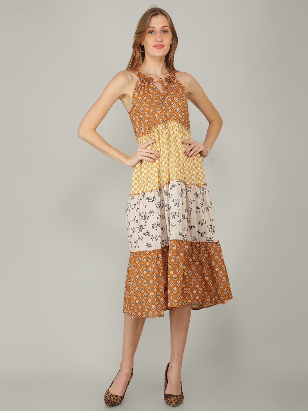 

NAVIYATA Yellow Floral A-Line Midi Dress
