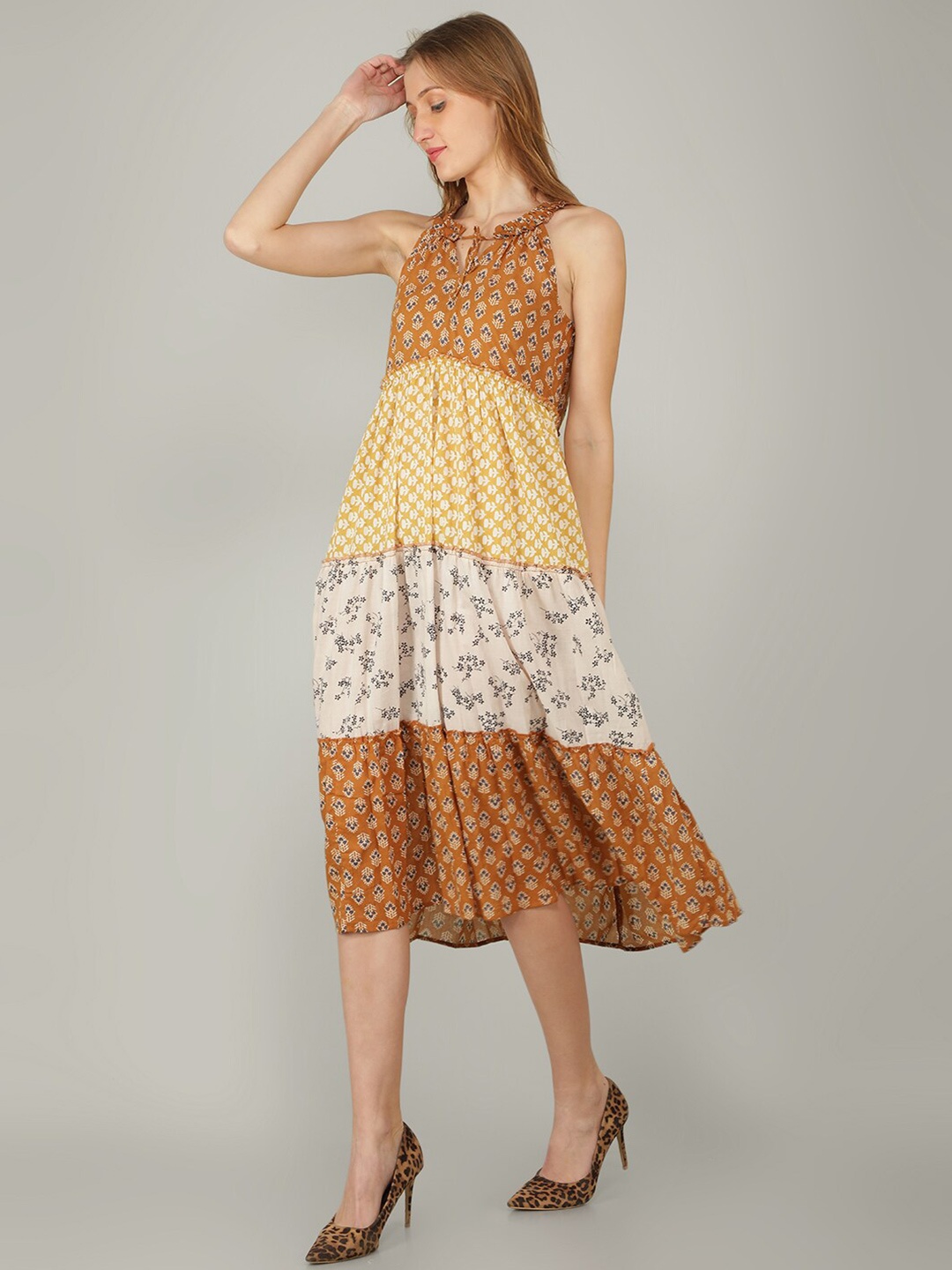 

NAVIYATA Yellow Floral Tie-Up Neck Midi Dress