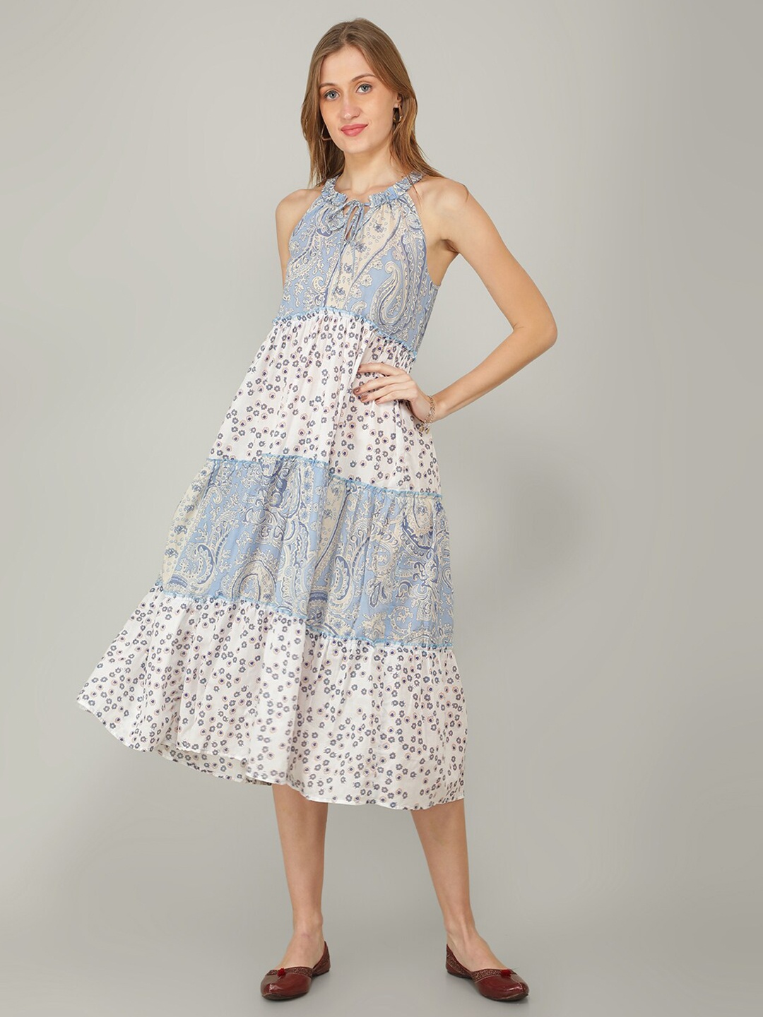 

NAVIYATA White & Blue Floral Halter Neck Layered Midi Dress