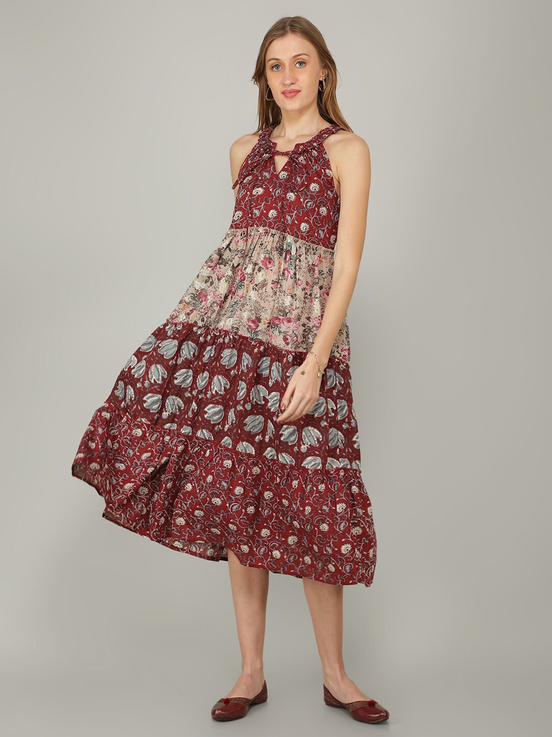 

NAVIYATA Maroon & Beige Floral Halter Neck A-Line Midi Dress