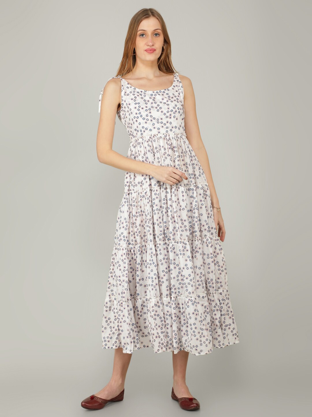 

NAVIYATA Cream-Coloured Floral Printed Tiered Midi Dress