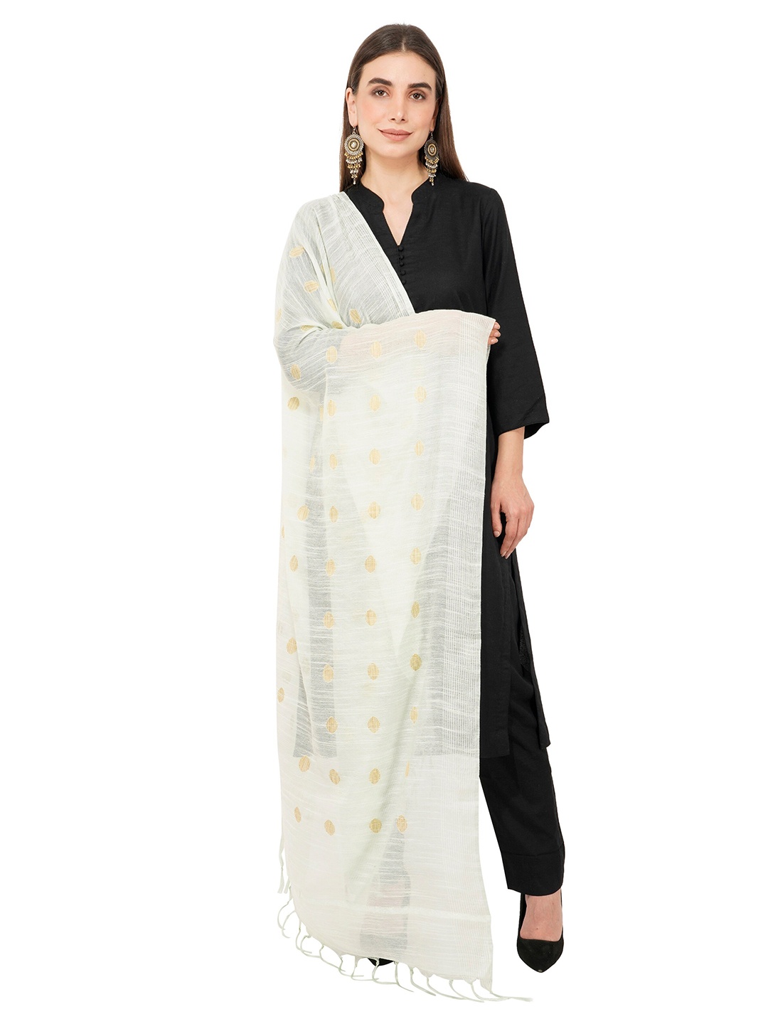 

Rhe-Ana Green & Gold-Toned Woven Design Art Silk Dupatta with Zari, Off white