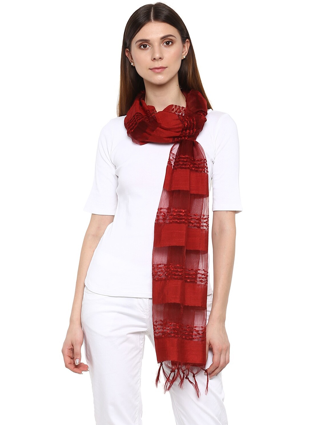 

Rhe-Ana Women Striped Dupatta, Red