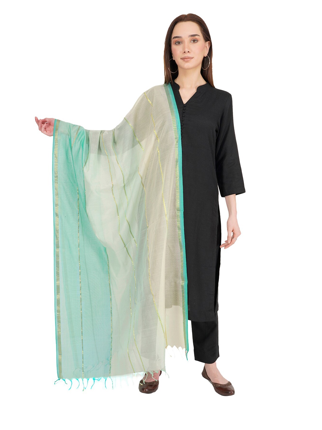 

Rhe-Ana Off White & Blue Striped Foil Print Dupatta