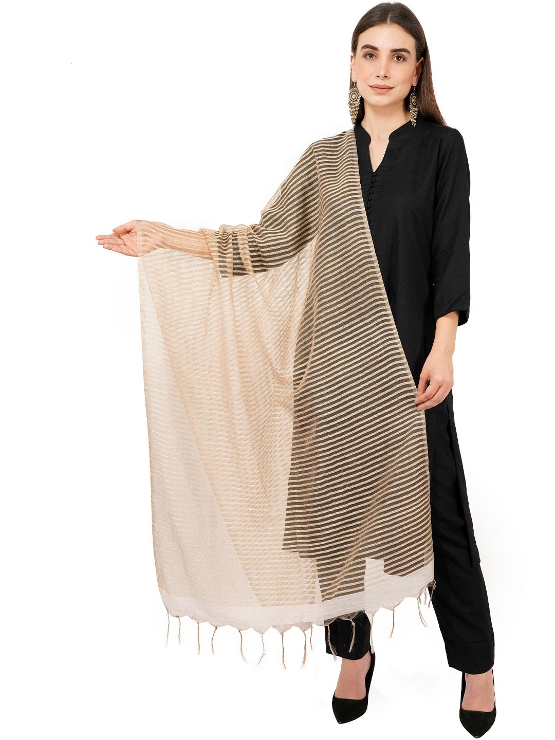 

Rhe-Ana Women Beige & Gold-Toned Striped Art Silk Dupatta