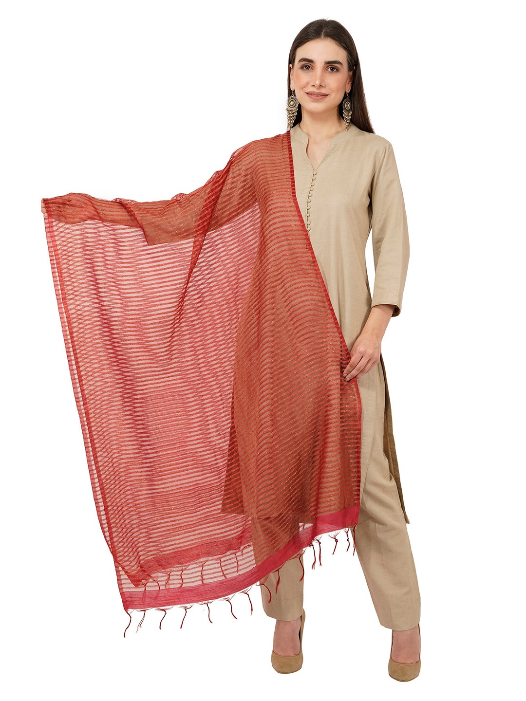 

Rhe-Ana Burgundy & Red Striped Art Silk Dupatta