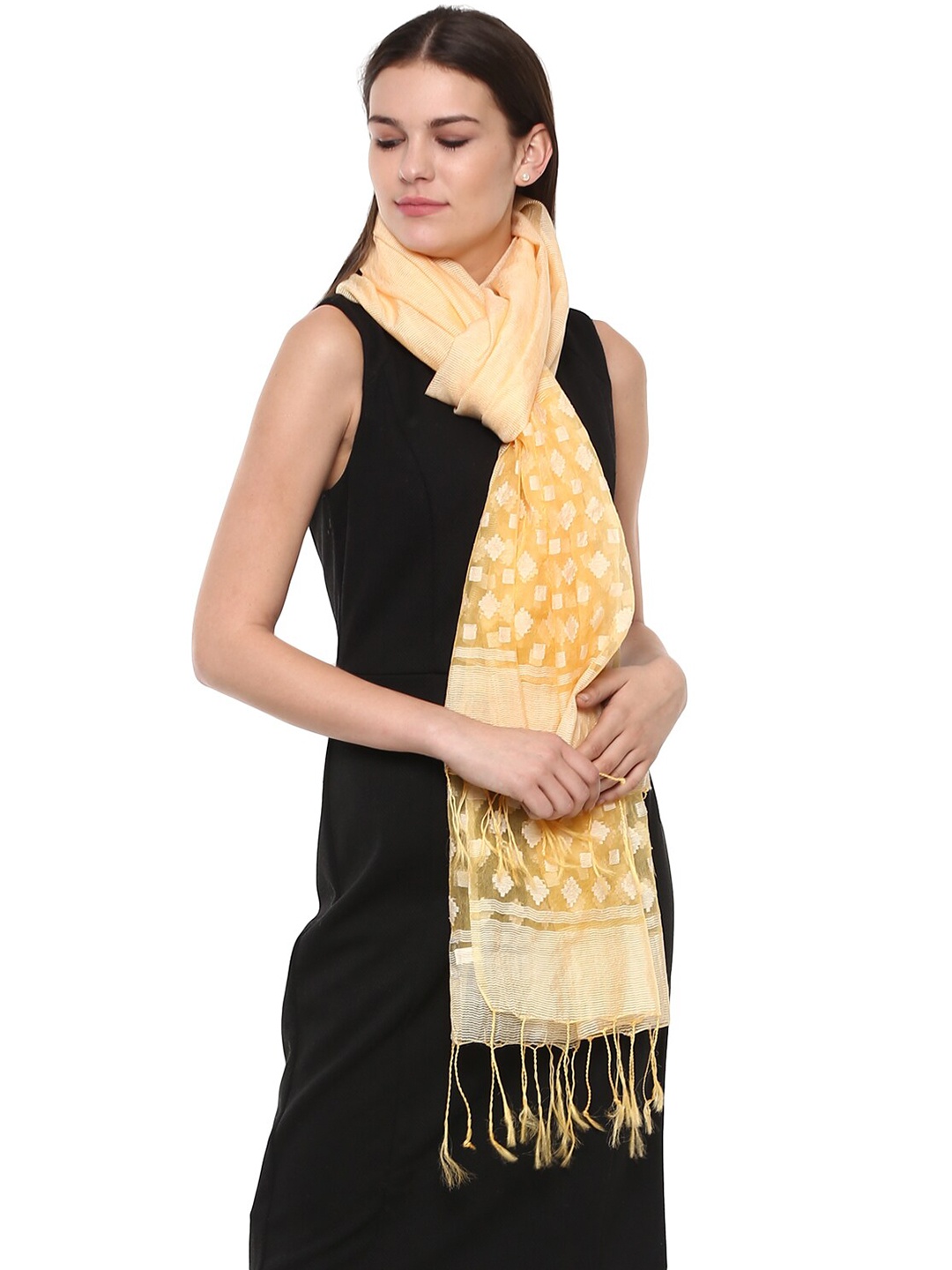 

Rhe-Ana Women Yellow Embroidered Dupatta