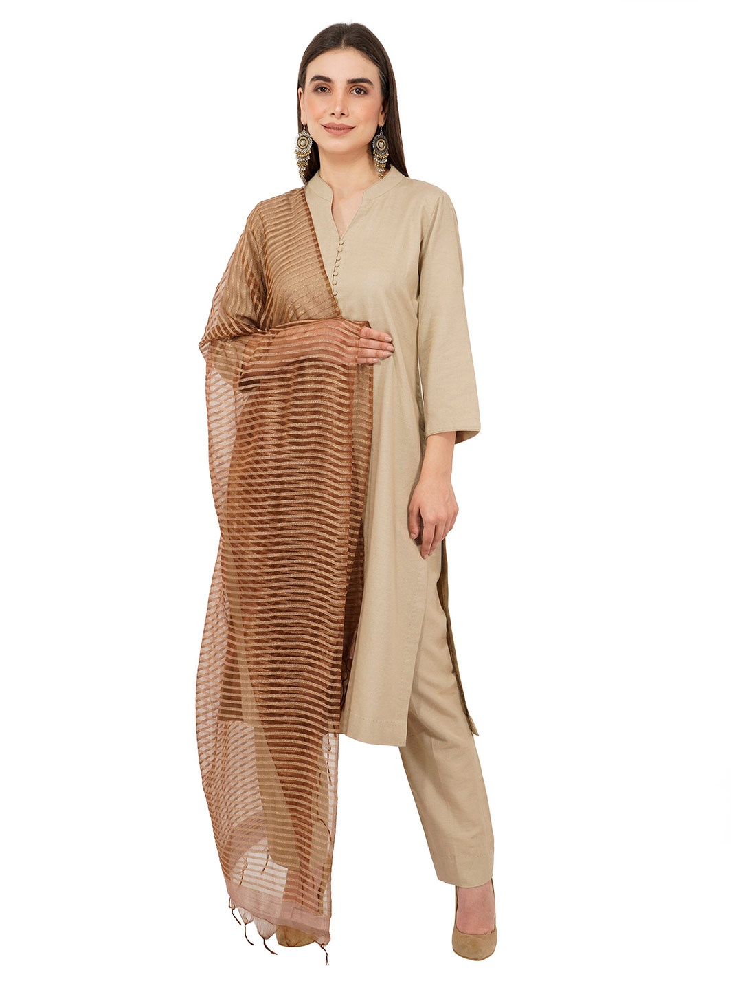 

Rhe-Ana Brown Striped Art Silk Dupatta with Zari