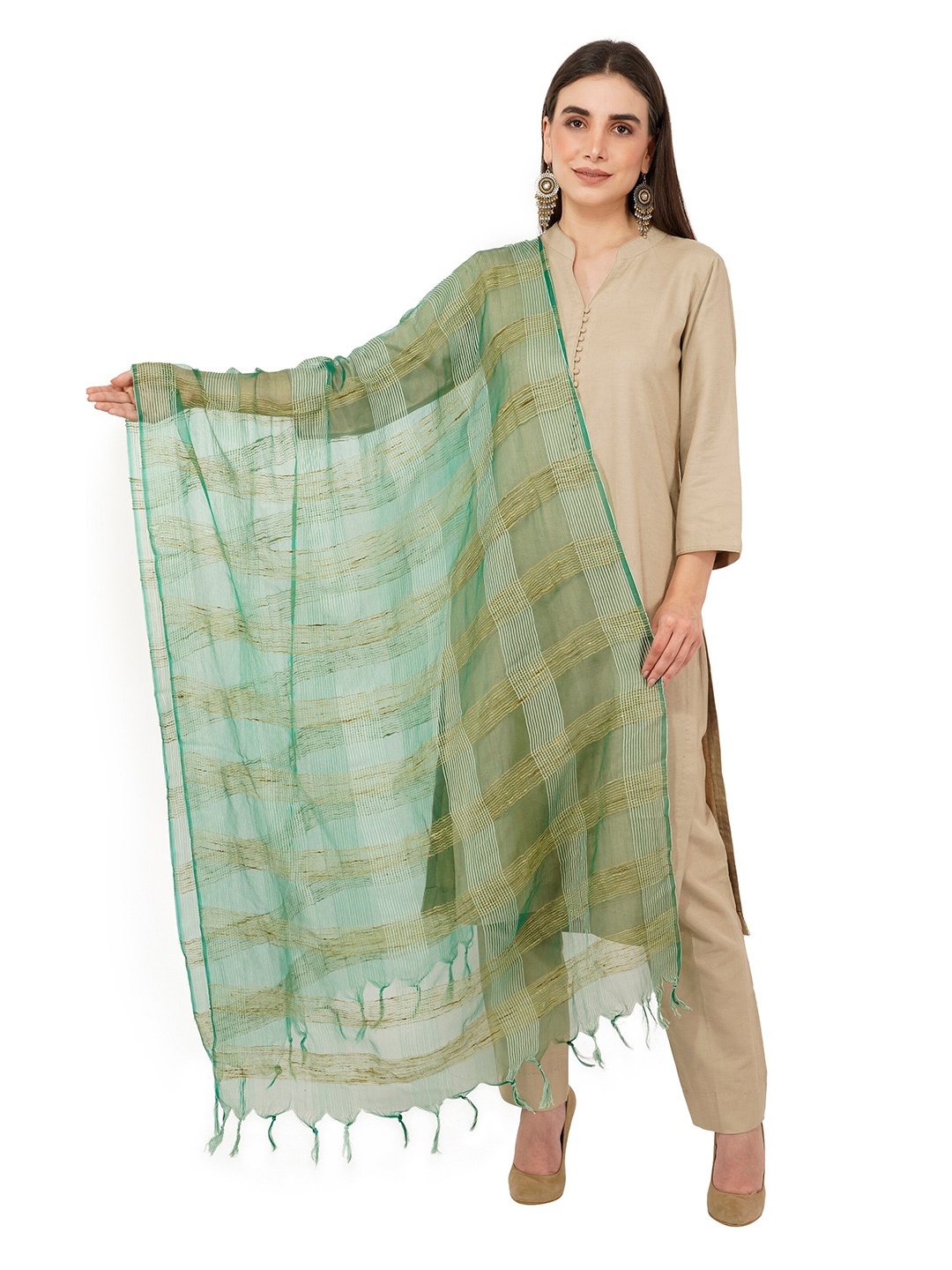 

Rhe-Ana Green & Cream-Coloured Checked Art Silk Dupatta