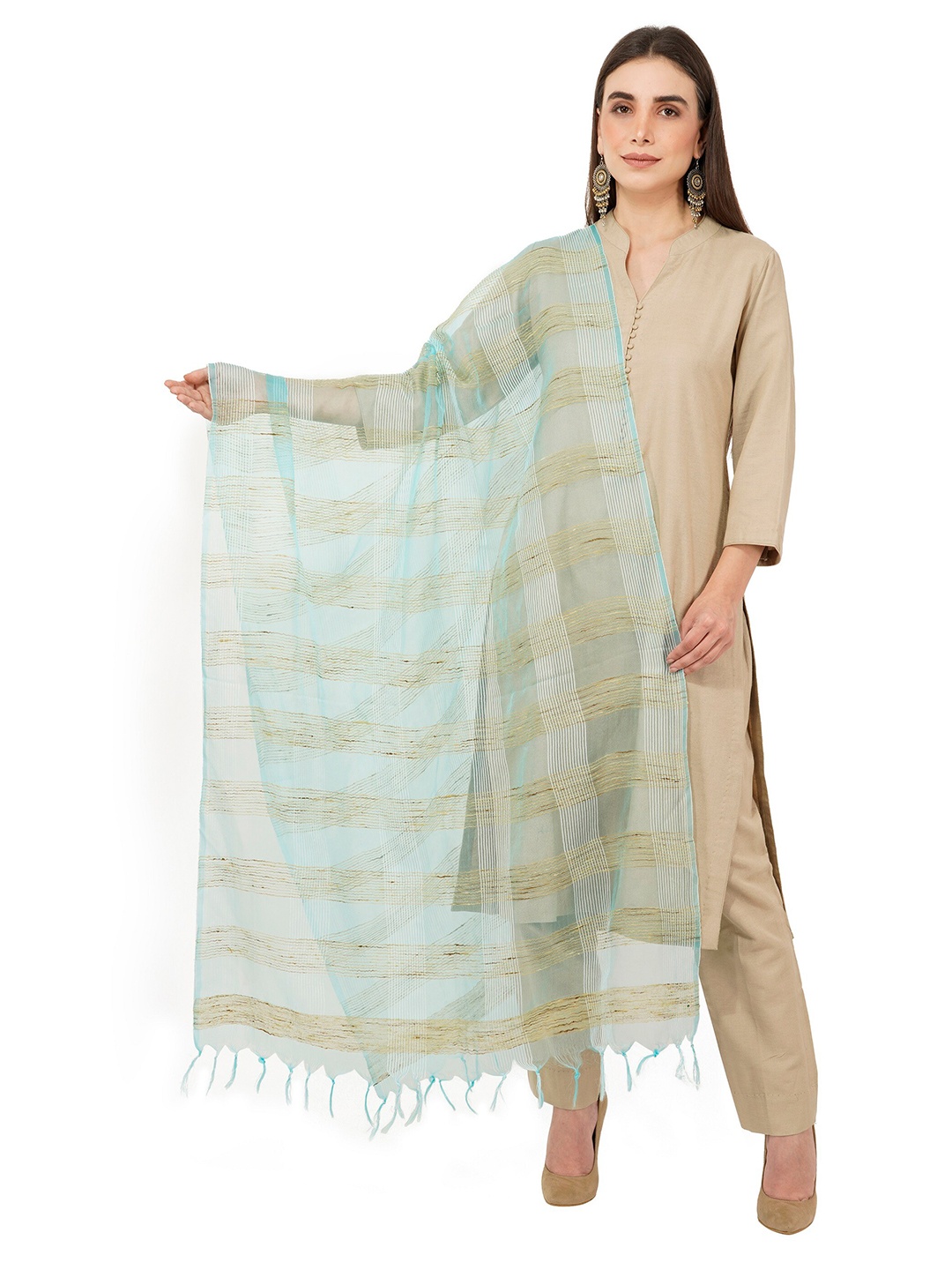 

Rhe-Ana Turquoise Blue & White Checked Art Silk Dupatta