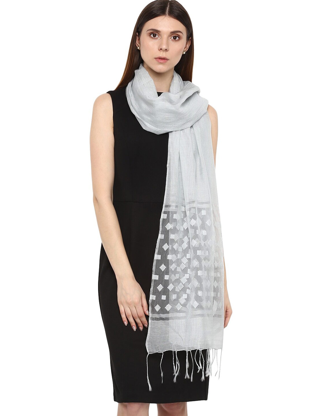 

Rhe-Ana Silver-Toned Checked Dupatta