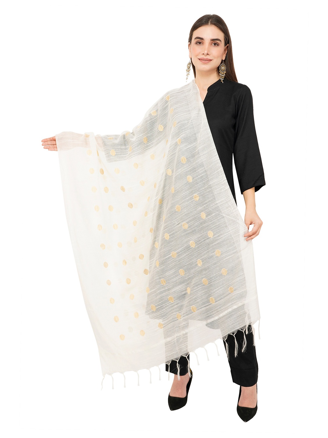 

Rhe-Ana Women Off White & Gold-Toned Ethnic Motifs Woven Design Art Silk Dupatta
