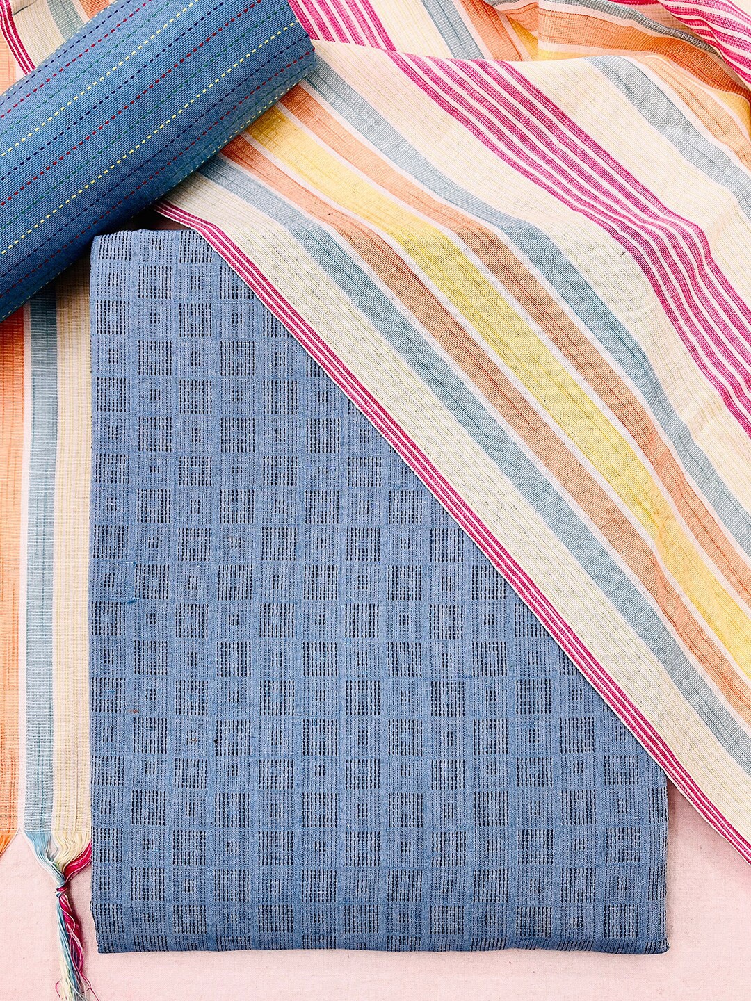 

Kvsfab Blue & Pink Unstitched Dress Material