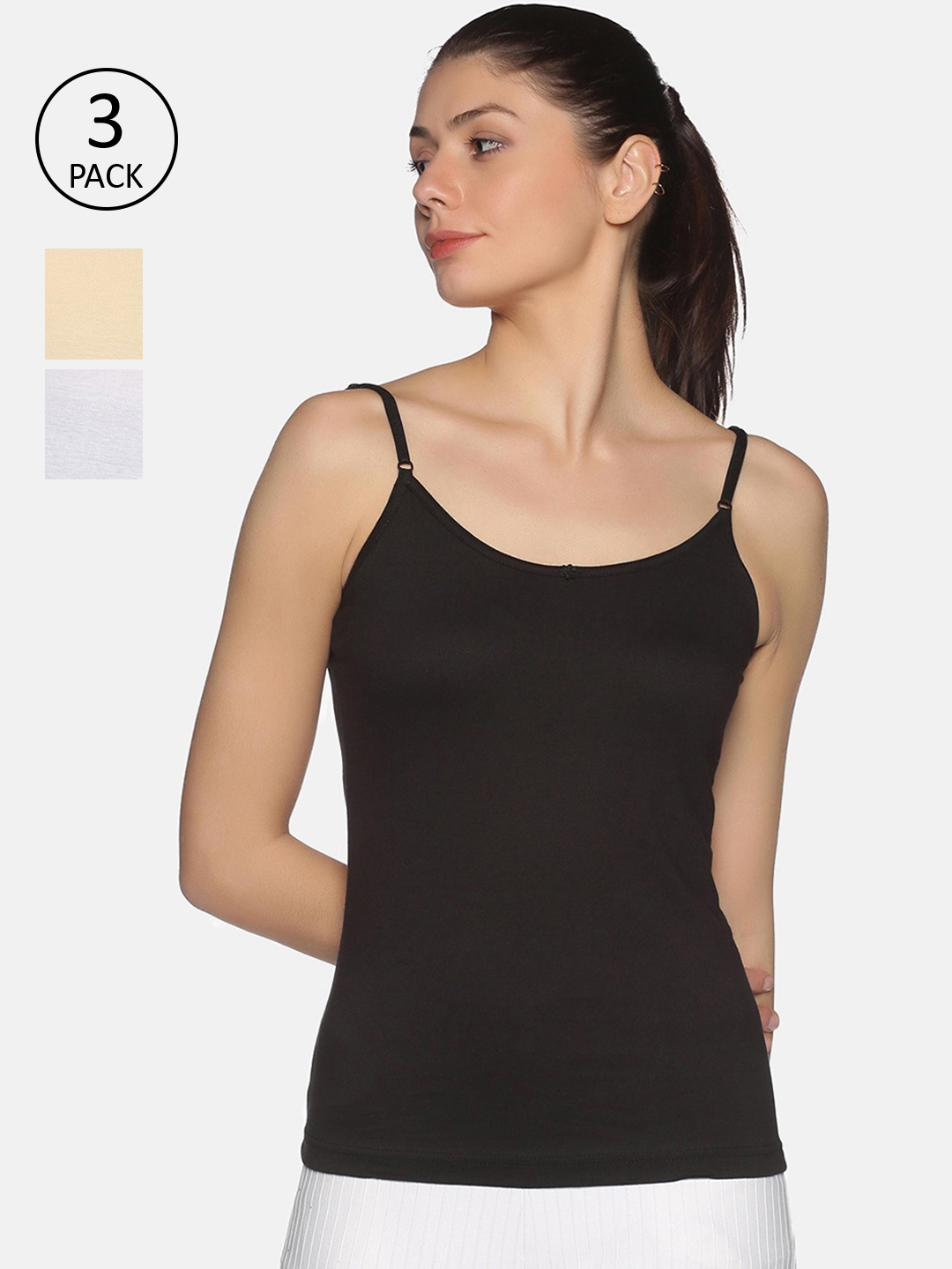 

NOT YET by us Women Pack Of 3 Solid 100% Cotton Adjustable Straps Camisoles, Black
