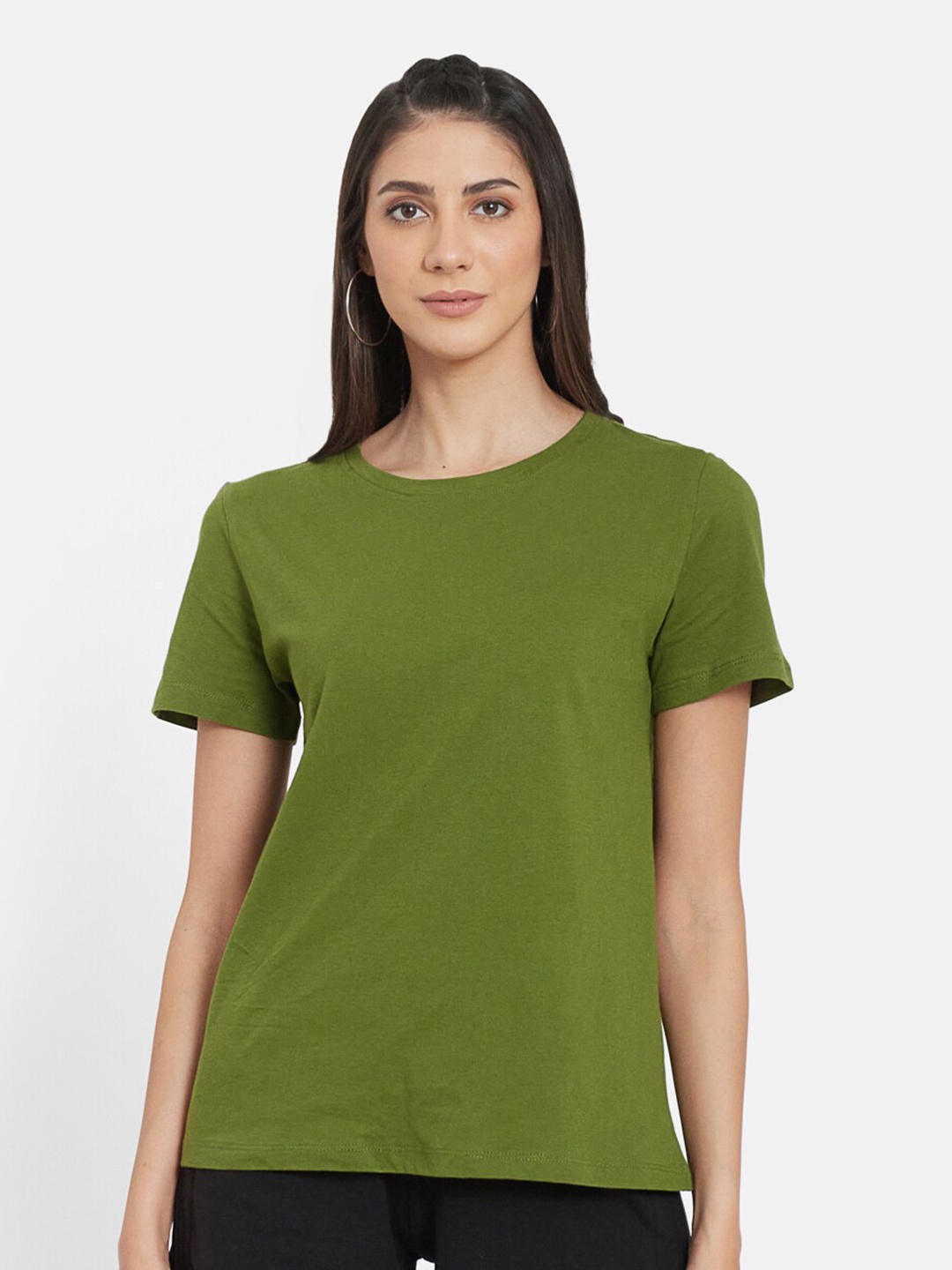

UNMADE Women Olive Green Organic Cotton Round Neck T-shirt
