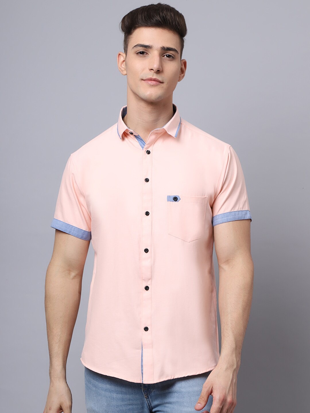 

Majestic Man Men Peach-Coloured Slim Fit short sleeve Casual Shirt