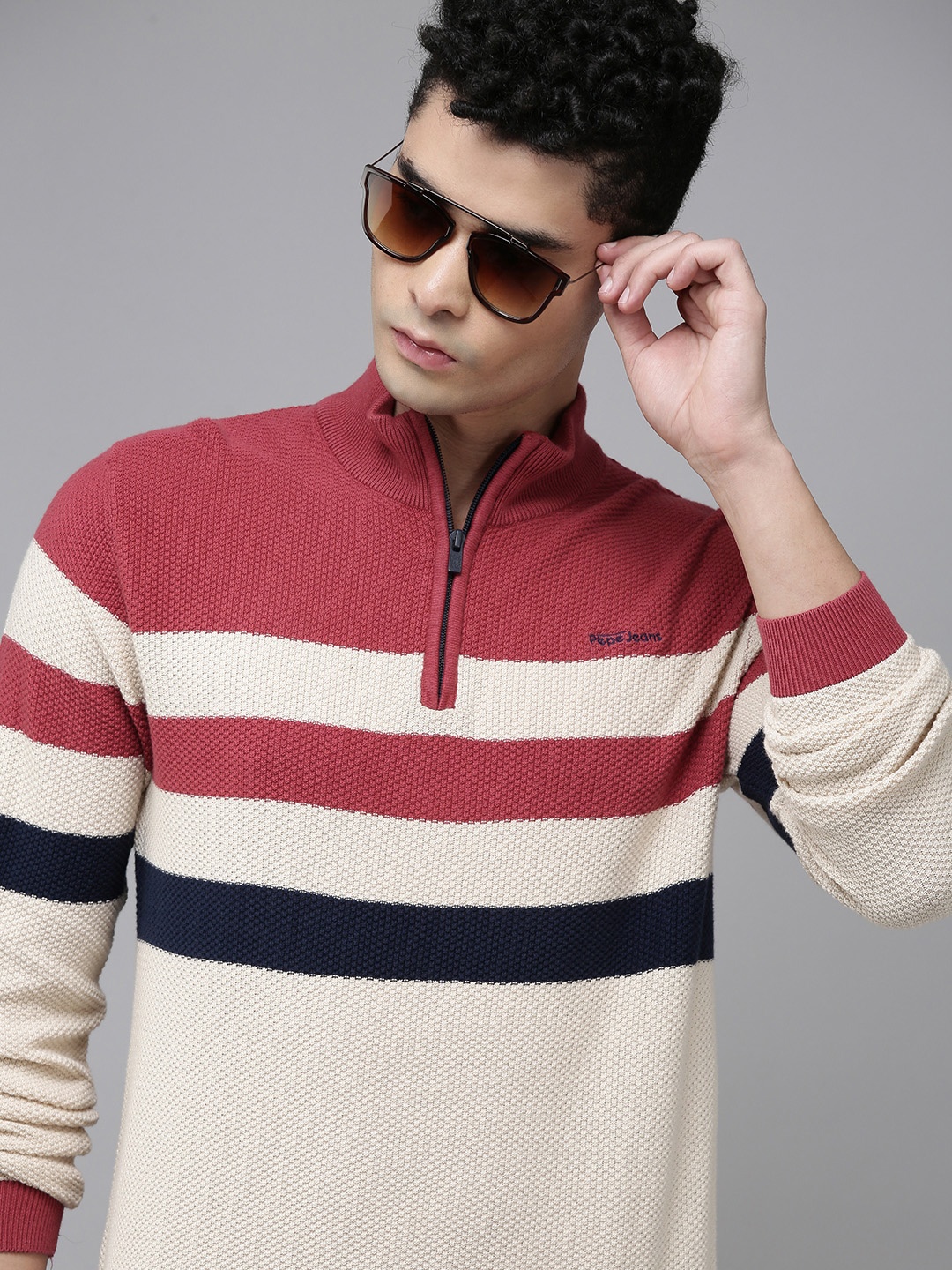 

Pepe Jeans Men Beige & Red Striped High Neck T-shirt