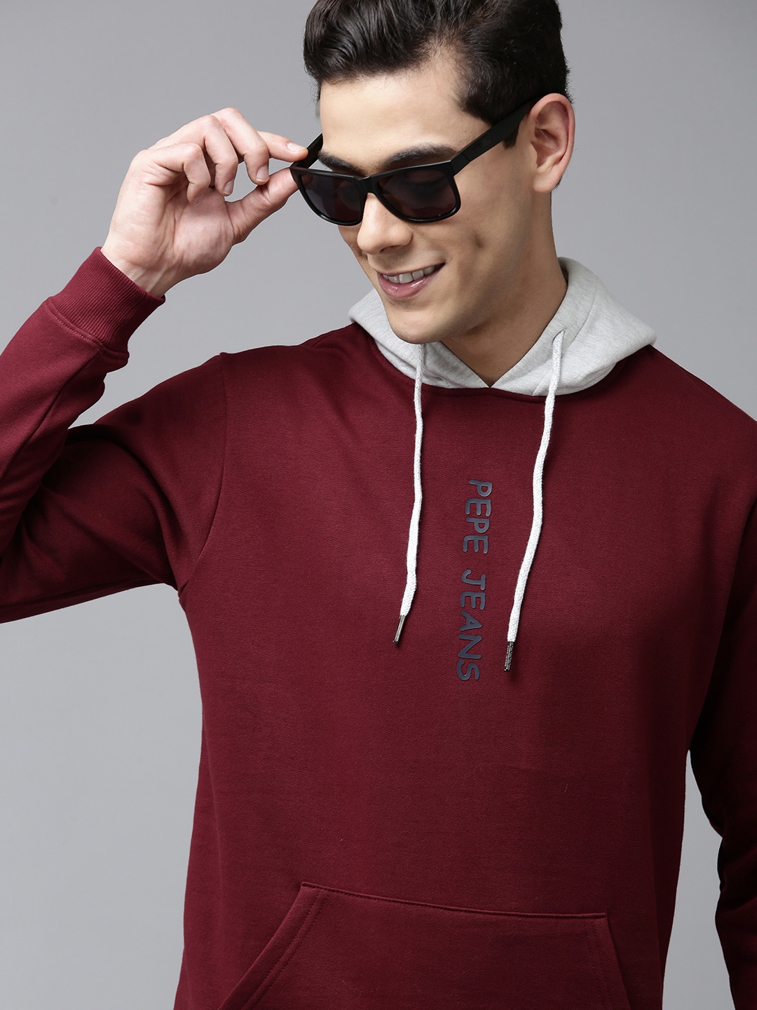 

Pepe Jeans Men Burgundy Solid Contrast Hooded Sweatshirt with Minimal Print Detail