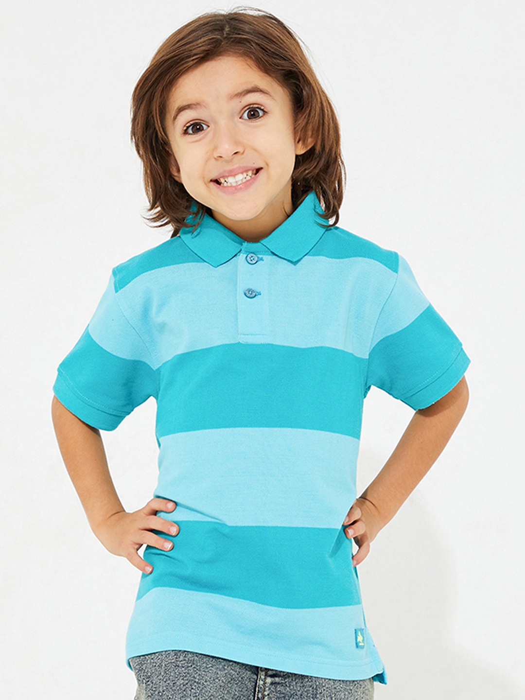 

Cherry Crumble Kids-Boys Blue & Turquoise Blue Colourblocked Polo Collar T-shirt