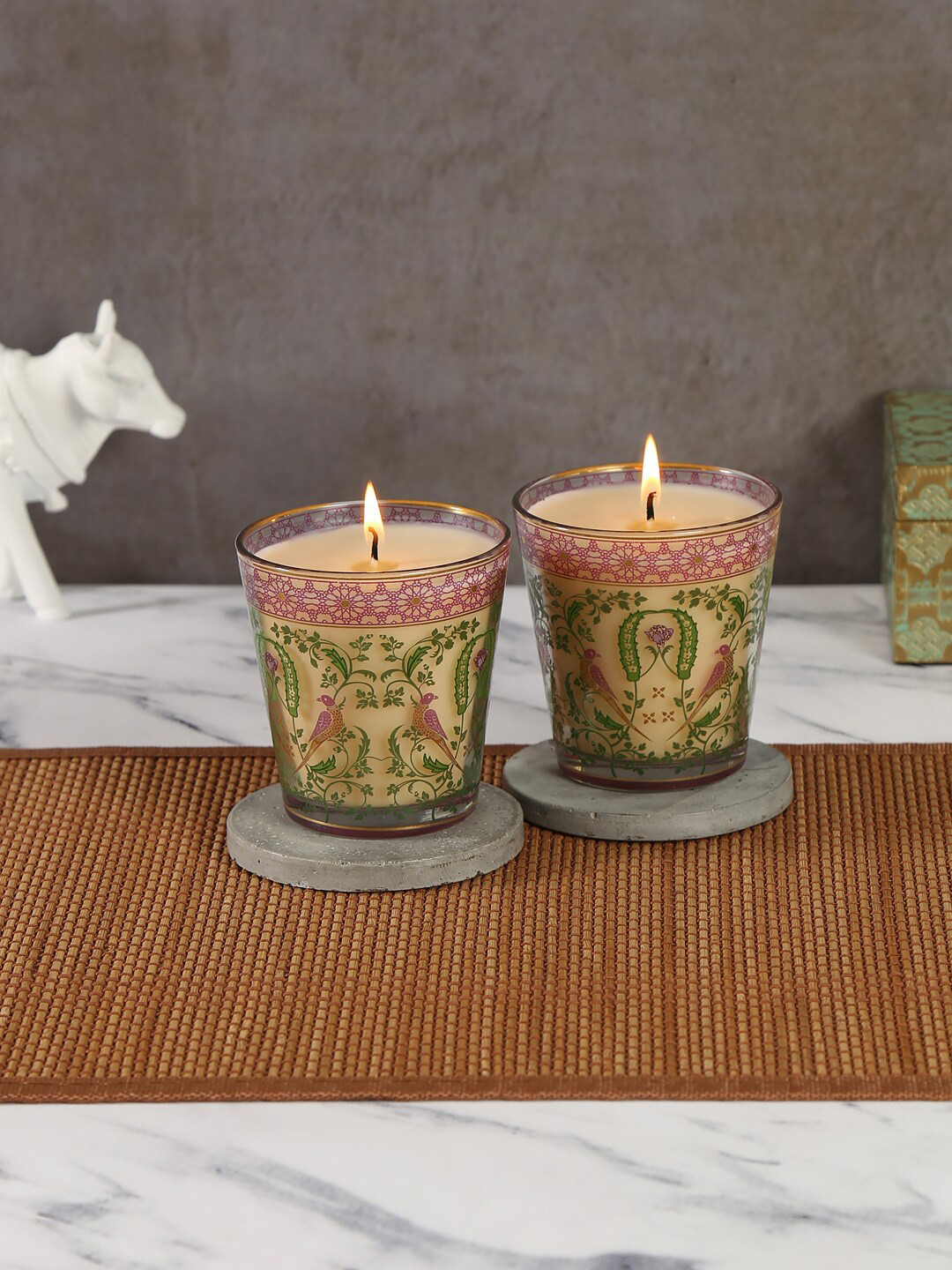 

India Circus by Krsnaa Mehta Set Of 2 Green Floral Candle Votive