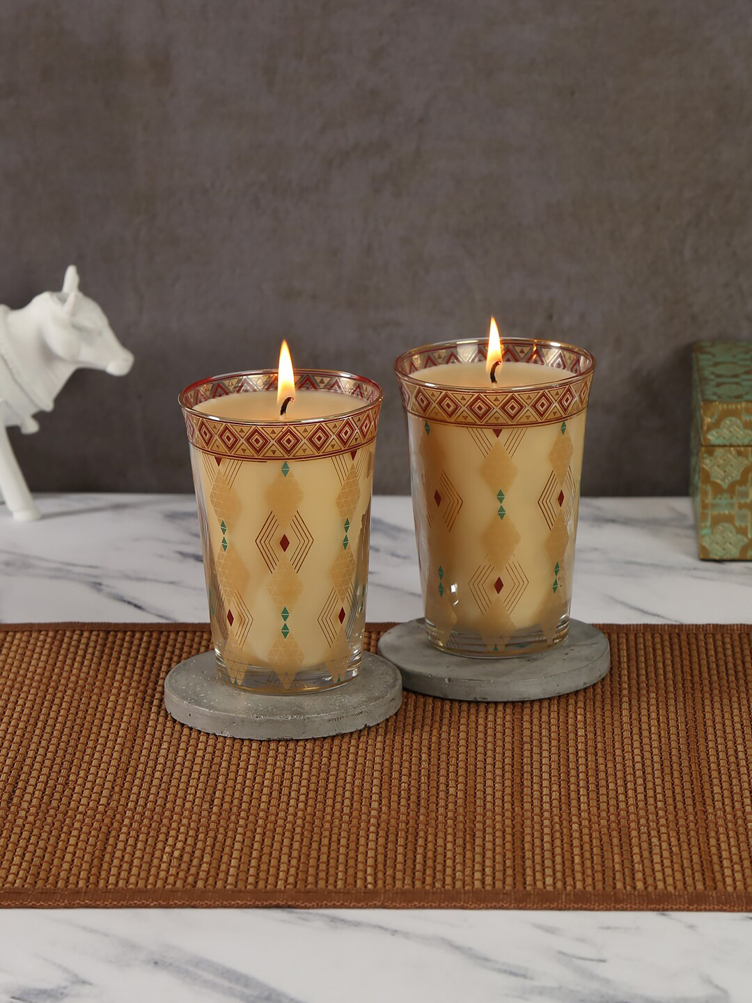 

India Circus by Krsnaa Mehta Unisex Set Of 2 Mustard Yellow Printed Candles