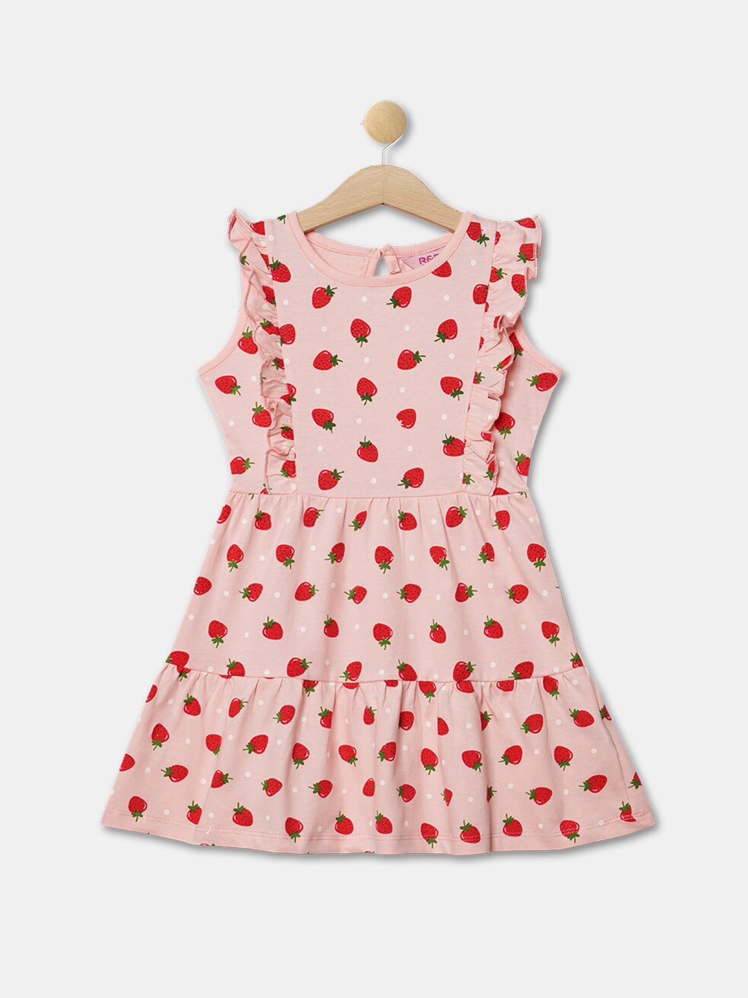

R&B Peach-Coloured & Red Printed Ruffles Cotton Fit & Flare Dress