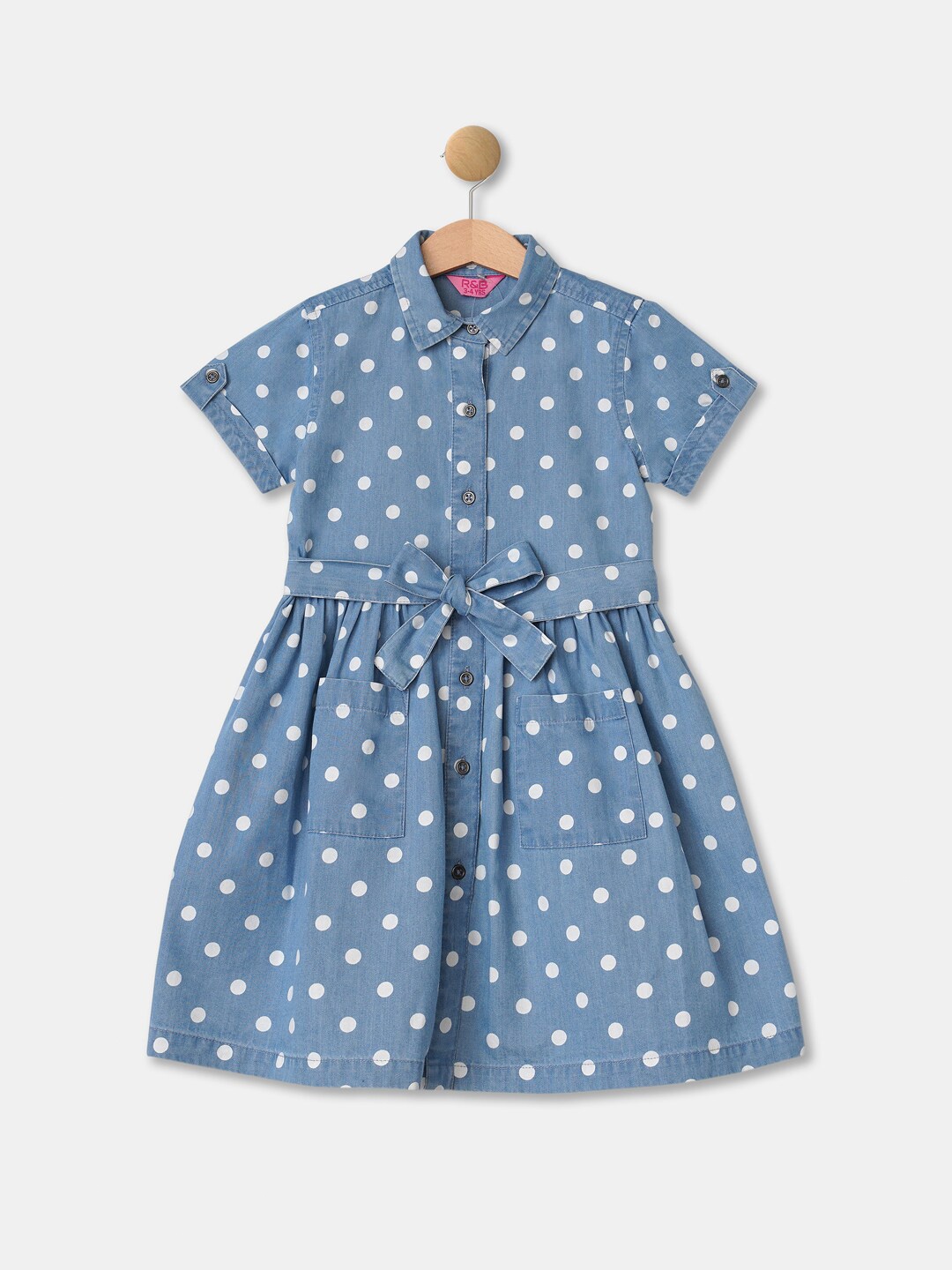 

R&B Kids Girls Blue Shirt Gathered Printed Dress