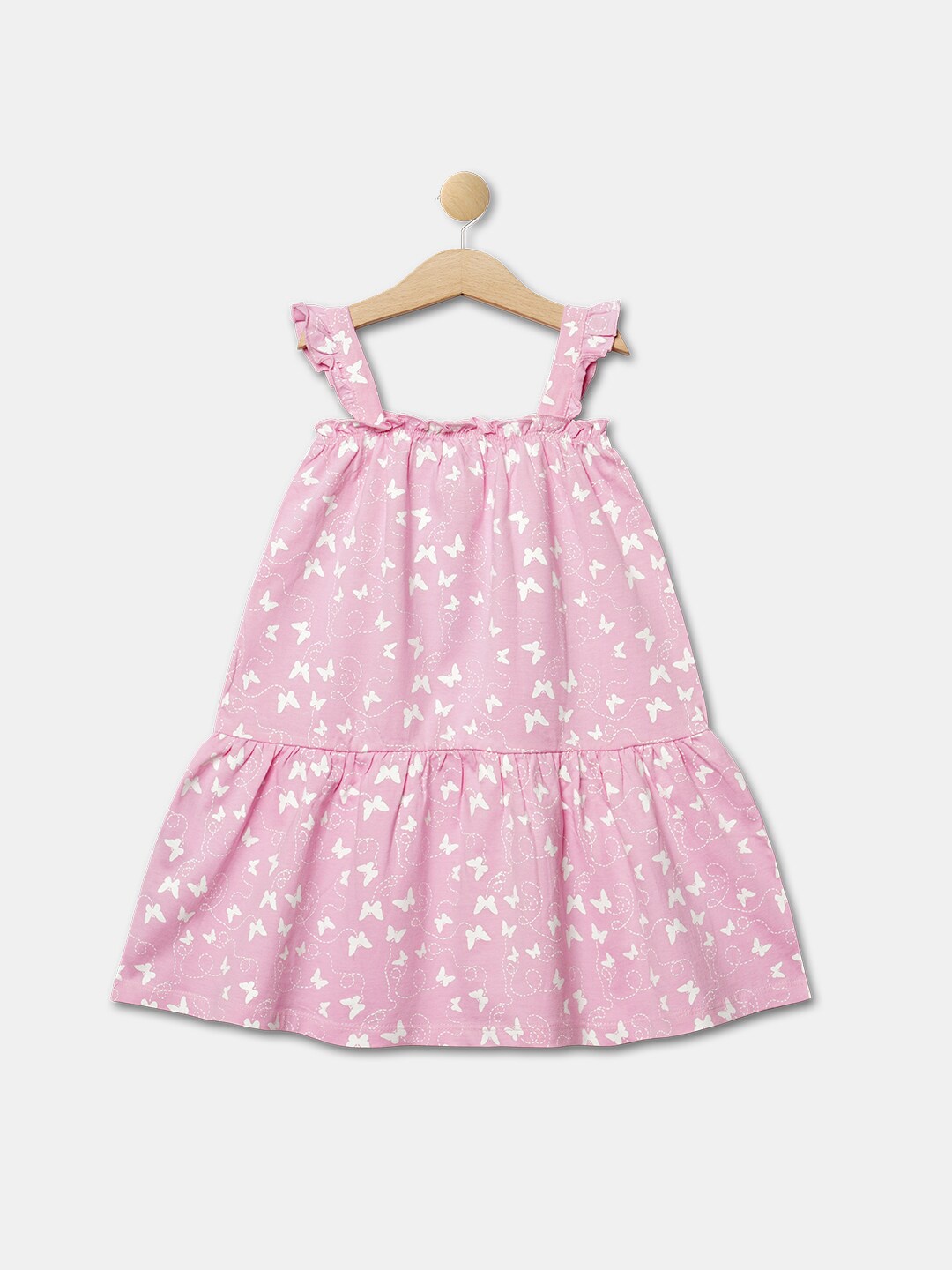 

R&B Girls Pink Printed Cotton Shoulder Strap Dress