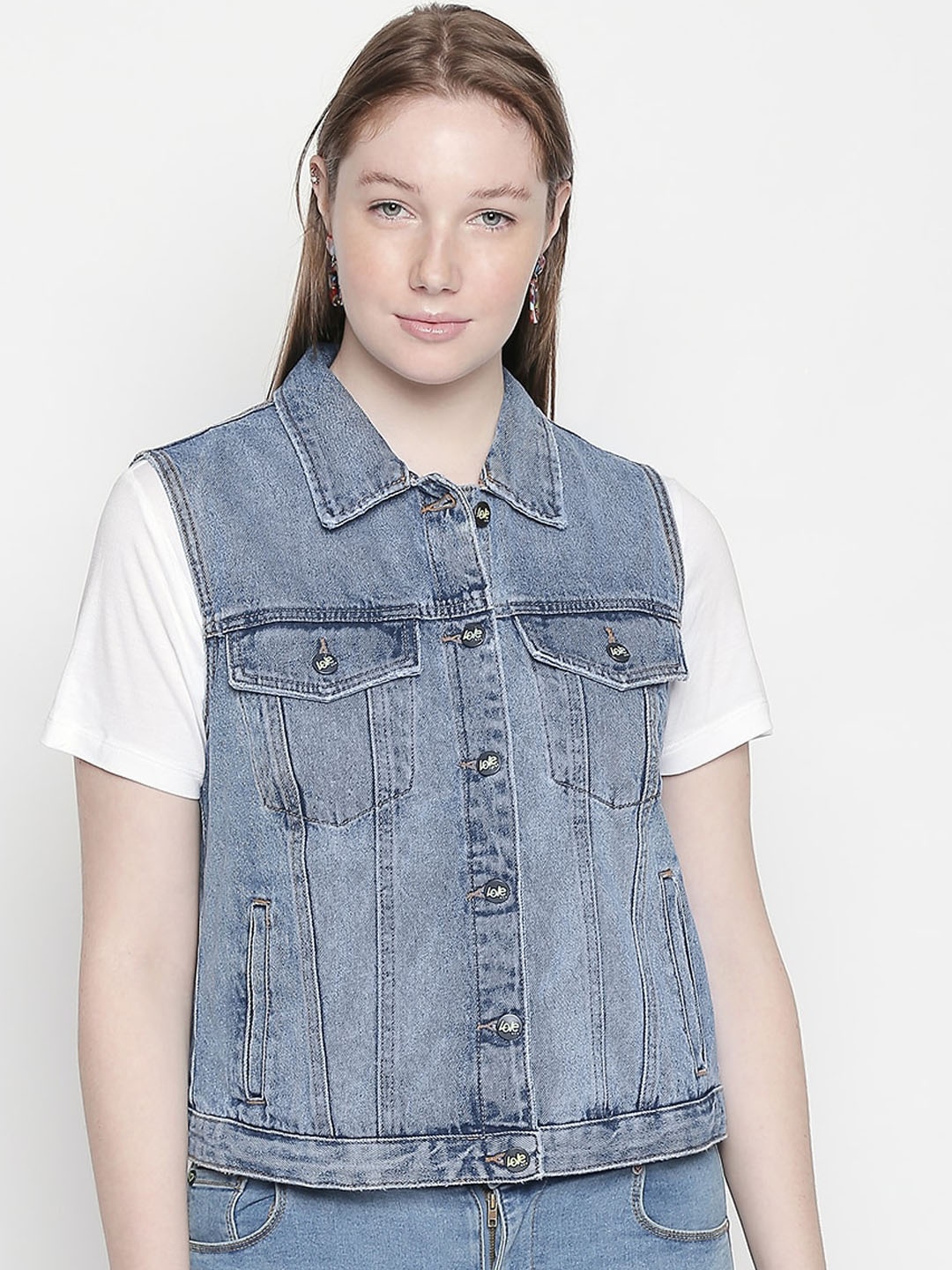 

LOVEGEN Women Blue Washed sleeveless Crop Denim Jacket