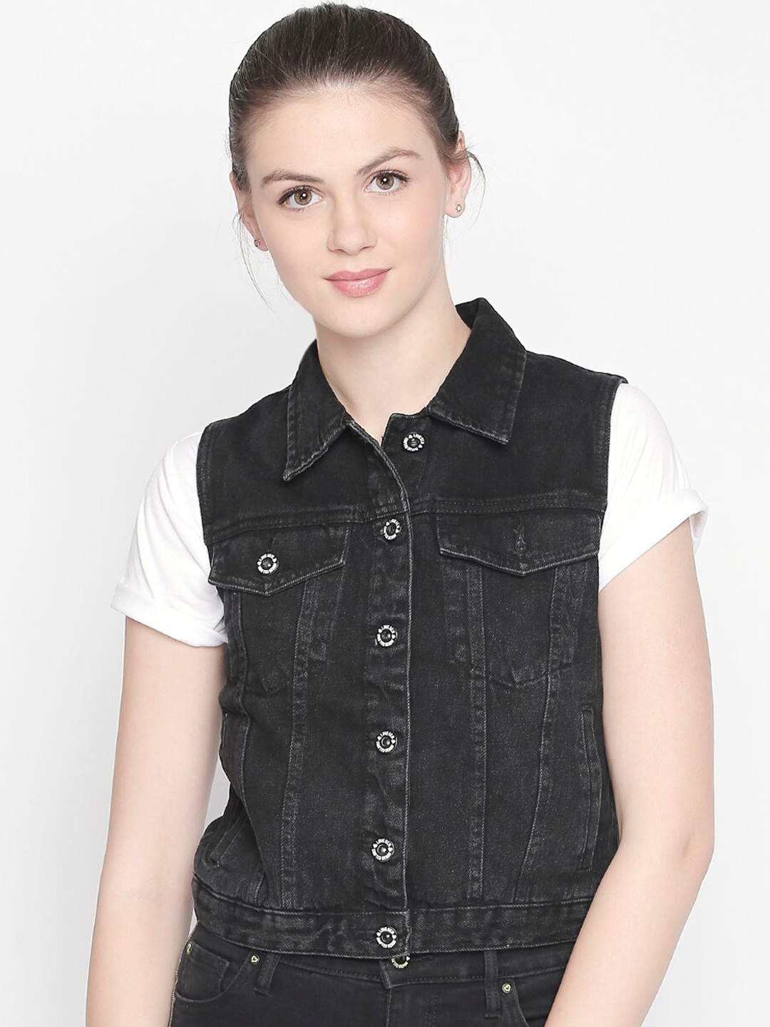 

LOVEGEN Women Black Washed Crop Denim Jacket