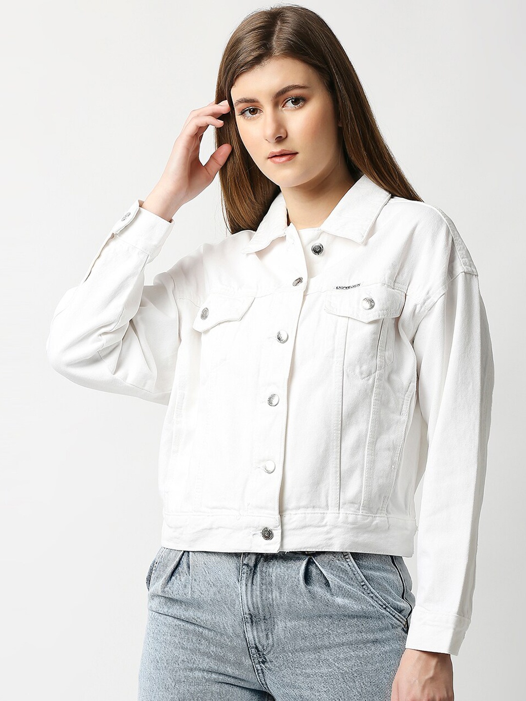 

LOVEGEN Women White Washed Denim Printed Mom Jacket