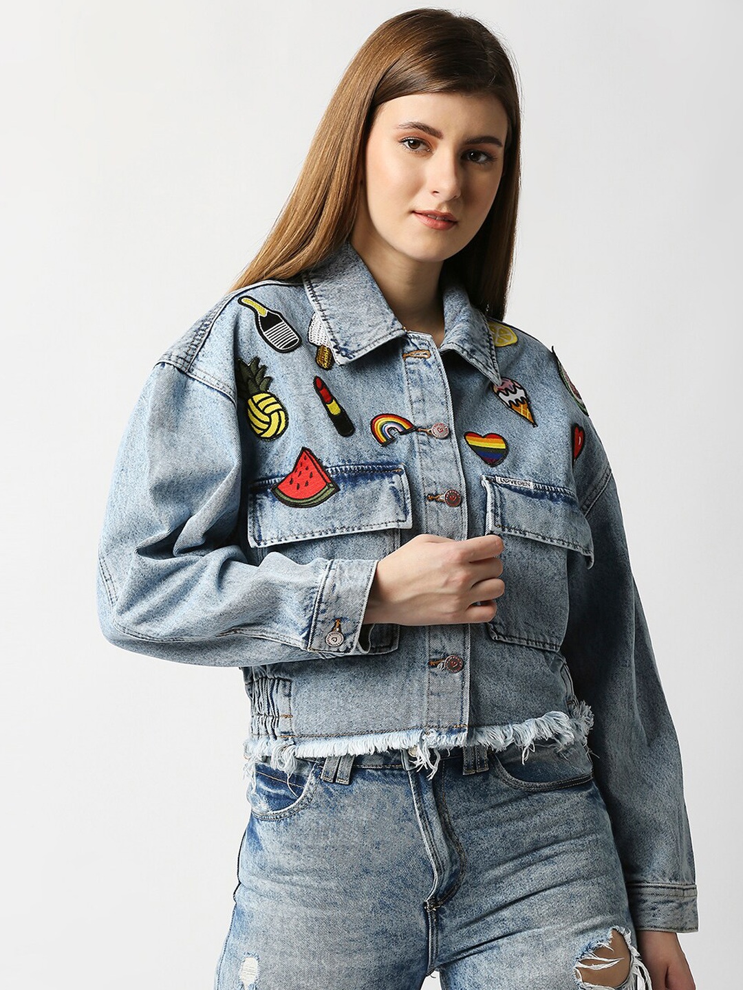 

LOVEGEN Women Blue Crop Denim Jacket with Patchwork