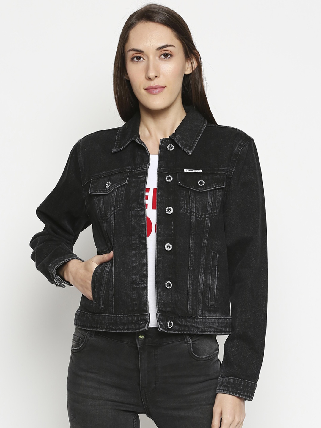 

LOVEGEN Women Black Washed Denim Basic Jacket