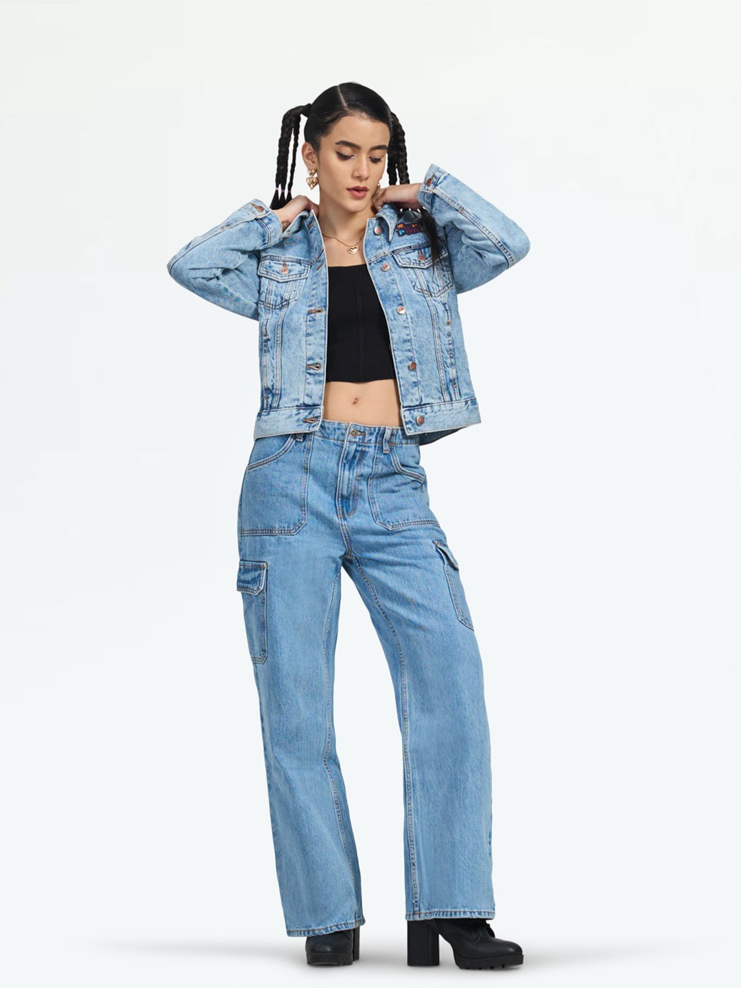 

LOVEGEN Women Blue Washed Denim Jacket with Patchwork
