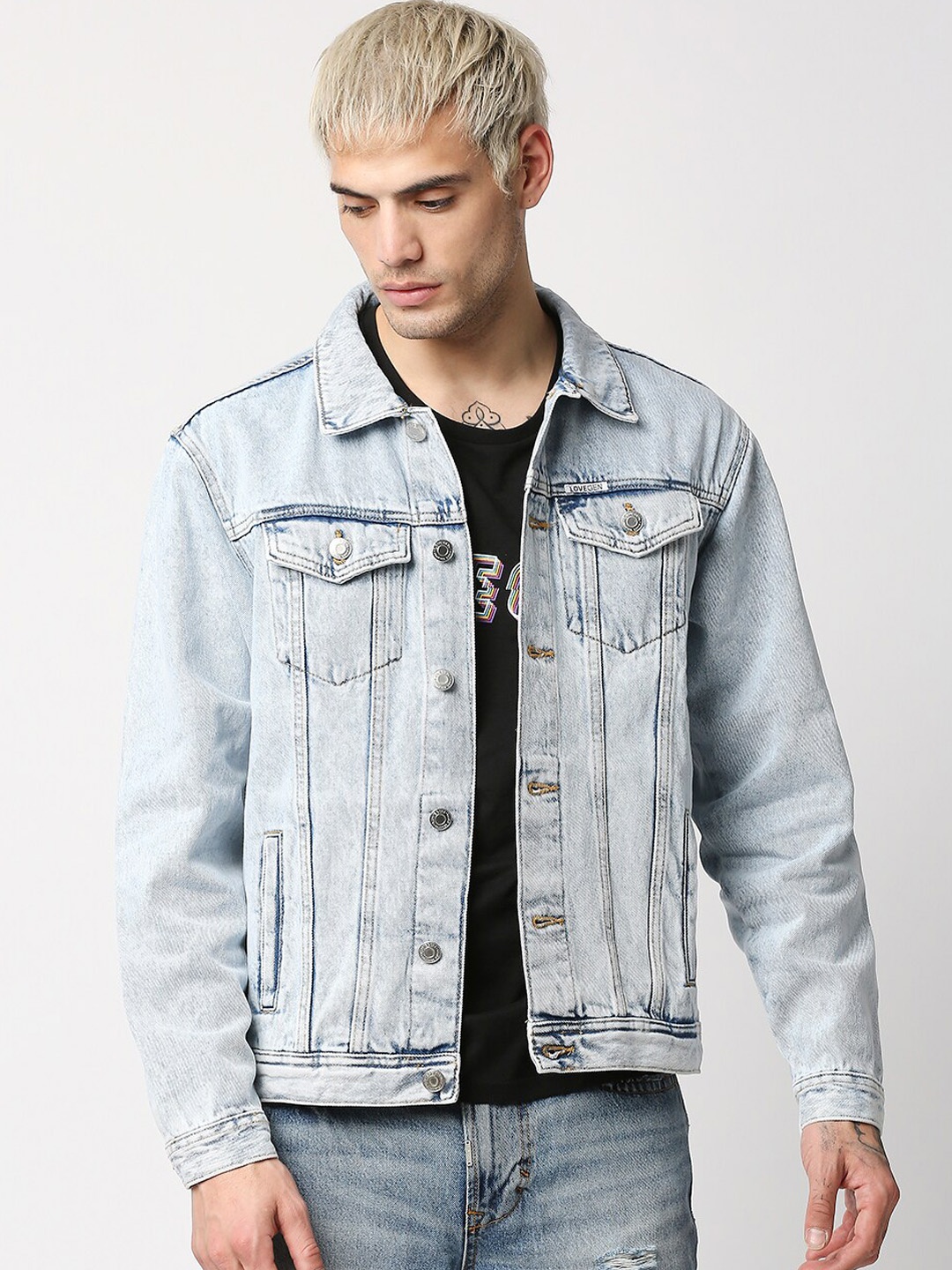 

LOVEGEN Men Blue Washed Embroidered Denim Jacket