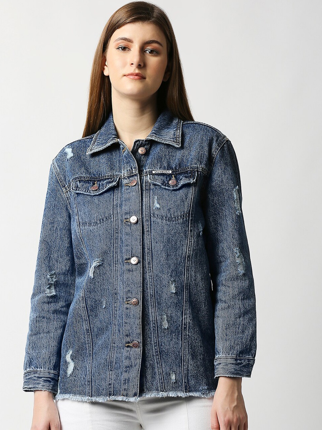 

LOVEGEN Women Blue Washed Denim Rome Face Printed Jacket