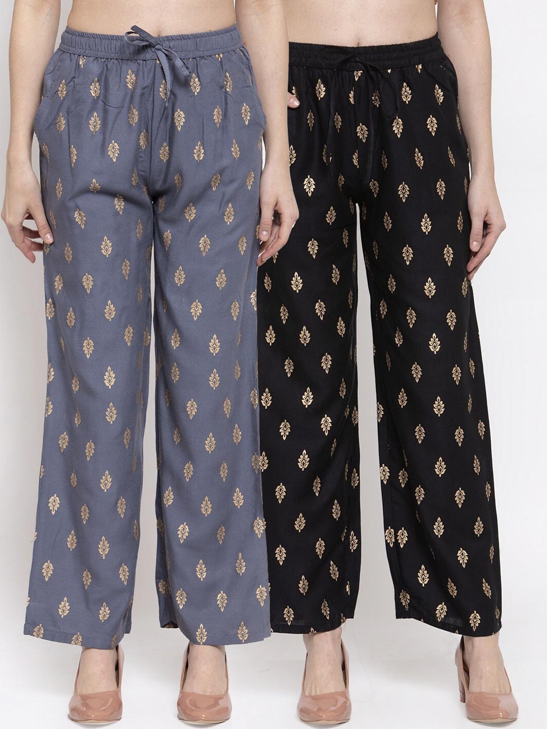 

Miaz Lifestyle Women Black & Grey Pack Of 2 Ethnic Motifs Printed Knitted Palazzos