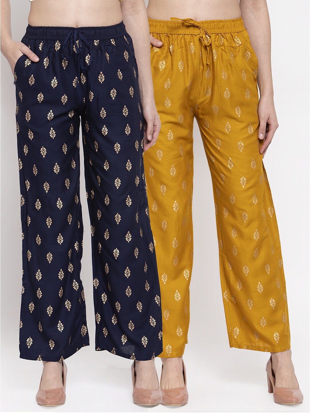 

Miaz Lifestyle Pack of 2 Women Navy Blue & Mustard Yellow Floral Printed Palazzos