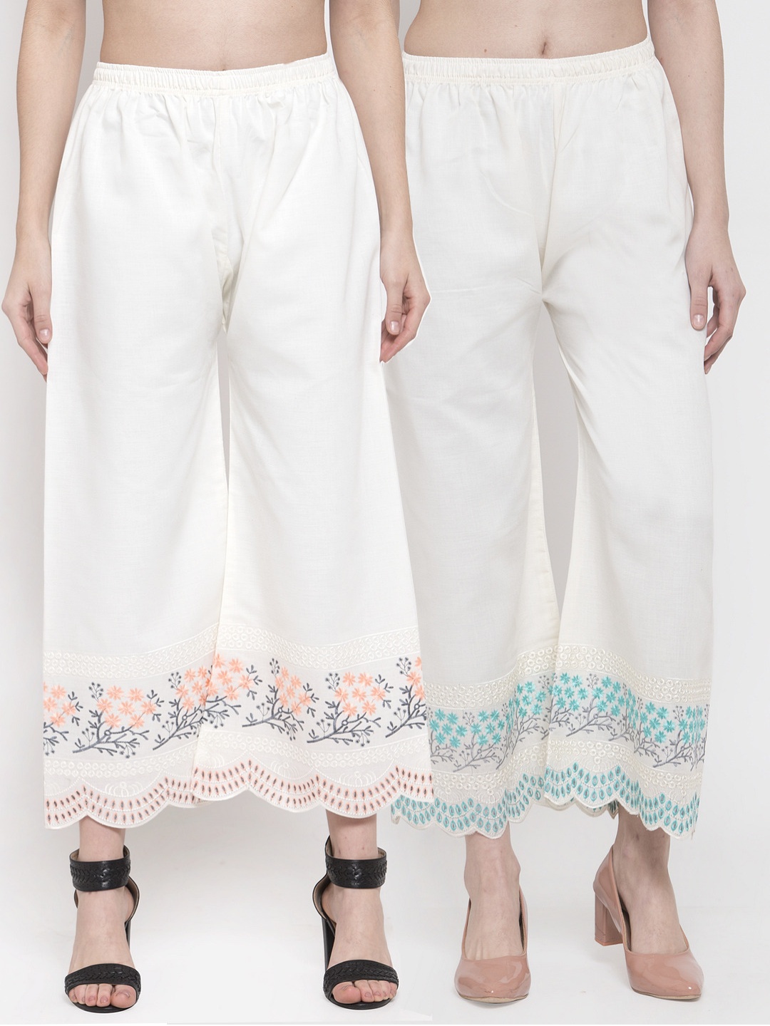 

Miaz Lifestyle Women White & Blue Pack Of 2 Floral Embroidered Cotton Palazzos