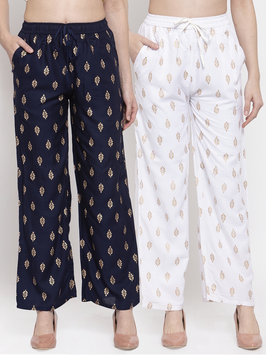 

Miaz Lifestyle Pack of 2 Women White & Navy Blue Printed Cotton Palazzos