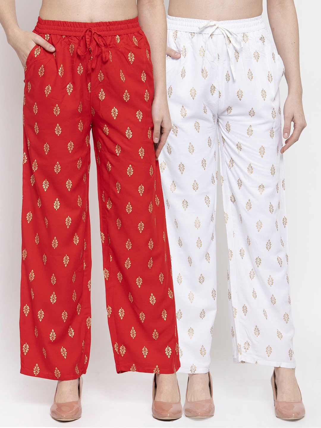 

Miaz Lifestyle Women White & Red Pack Of 2 Floral Printed Knitted Cotton Palazzos