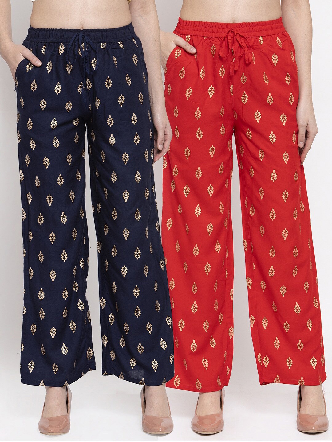 

Miaz Lifestyle Women Set Of 2 Black & Red Ethnic Motifs Printed Knitted Palazzos