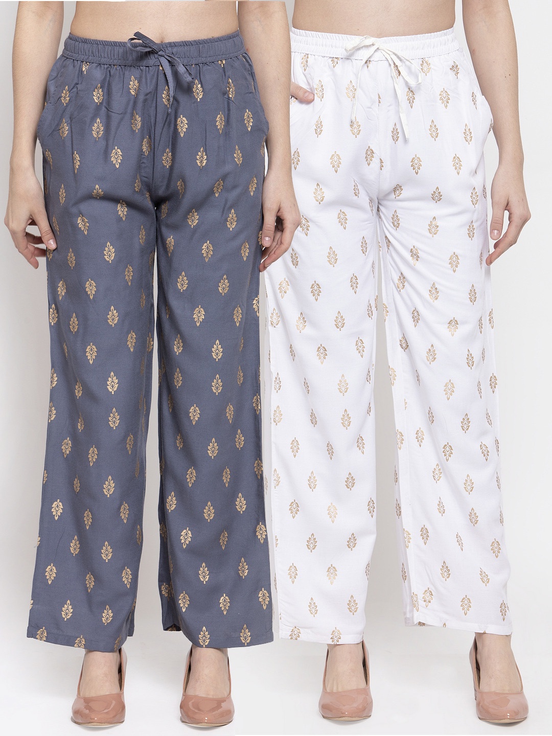 

Miaz Lifestyle Women White & Grey Pack Of 2 Floral Printed Knitted Cotton Palazzos