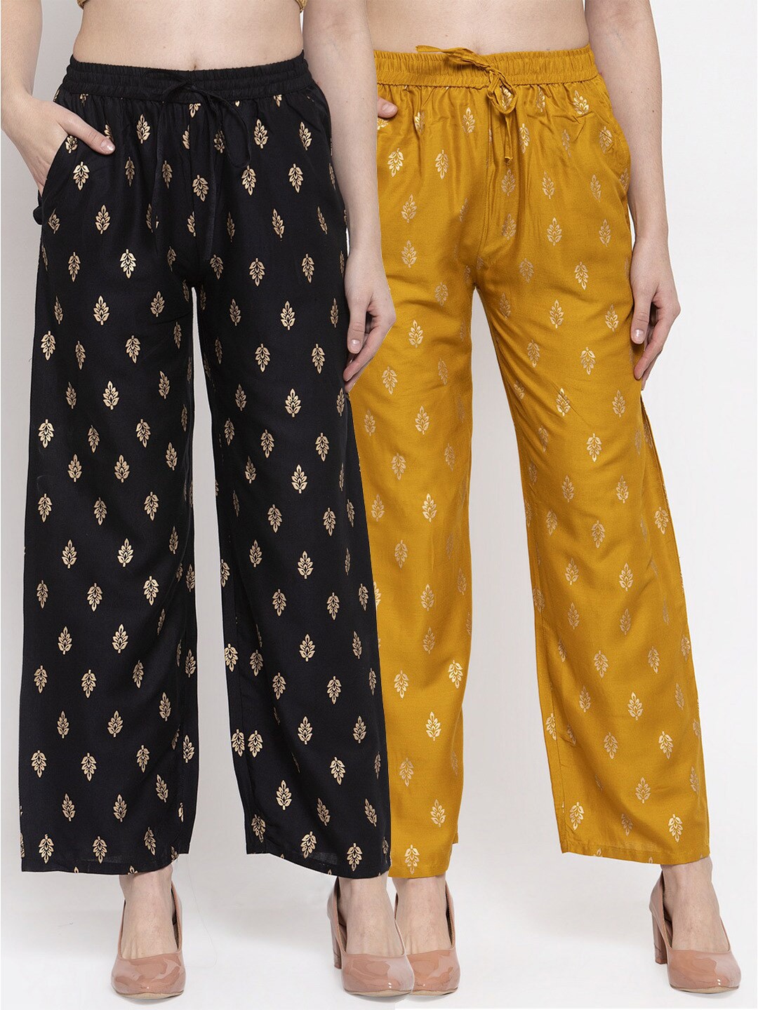 

Miaz Lifestyle Women Black & Mustard Yellow Pack of 2 Floral Printed 100% Cotton Palazzos