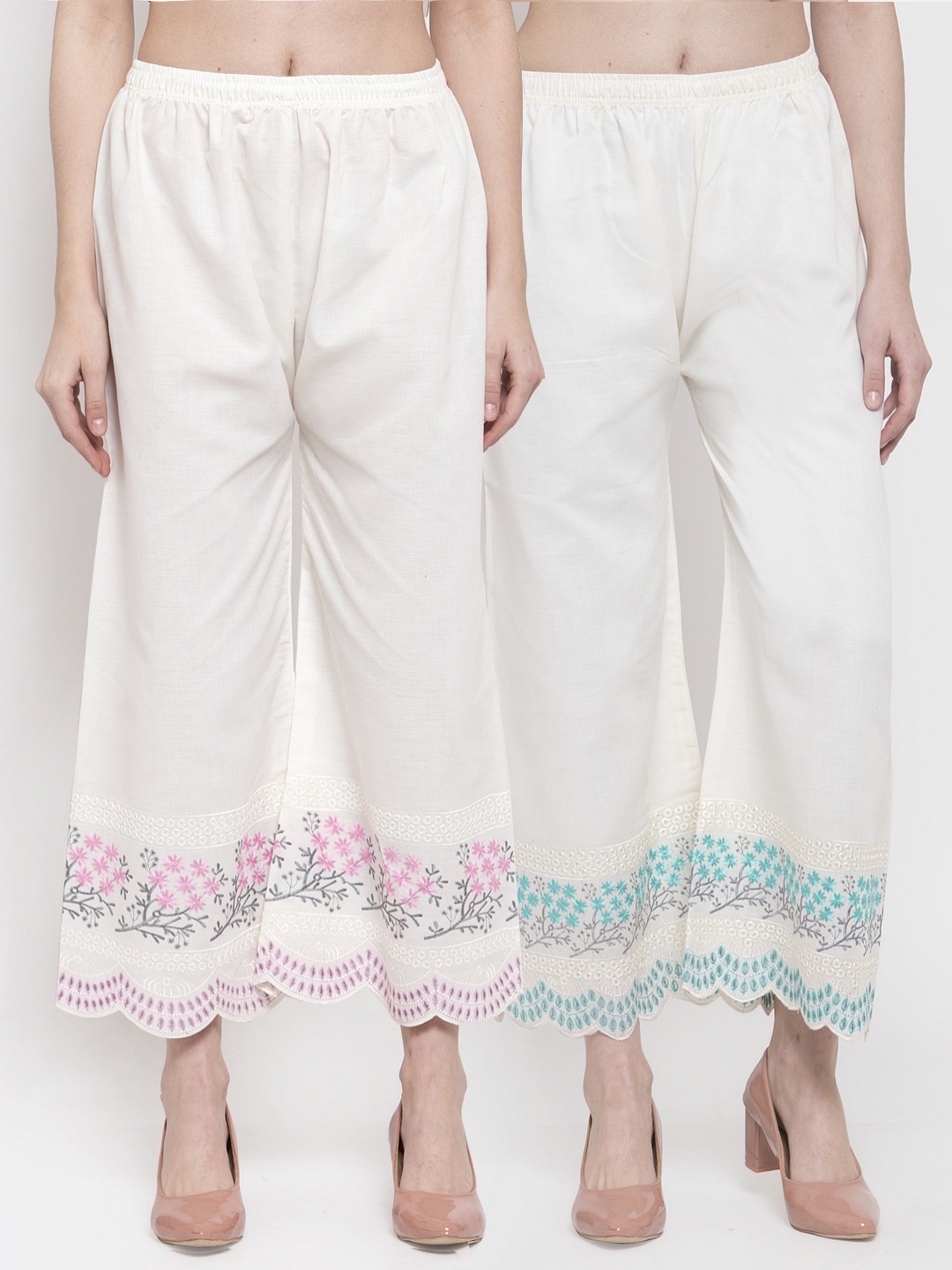 

Miaz Lifestyle Women Set Of 2 White & Pink Floral Hem Design Knitted Ethnic Palazzos